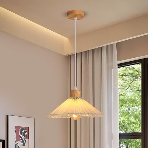 Riserva Pendellampe Weiss Holz, E27 Pendelleuchte Modern Minimalistisch Lampenschirm Blume, Hängelampe Stoff Retro für Esszimmer, Küche, Schlafzimmer, Wohnzimmer, Flur