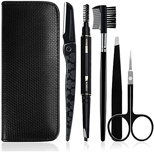 Gibot Stainless Steel Eyebrow Grooming Kit - 5pcs Set with Tweezers, Scissors, Brush Comb, Pencil, Razor and Travel Case for Women and Men, Black