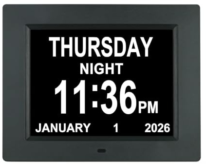 [Auto-Dimm-Optionen] Digitale Tageskalenderuhr, ohne Abkürzungen, Tag und Datum, 8 Alarmoptionen, Batterie, Backup, Demenz, Alzheimer, Sehbehinderung, Uhren für Senioren, ältere Menschen