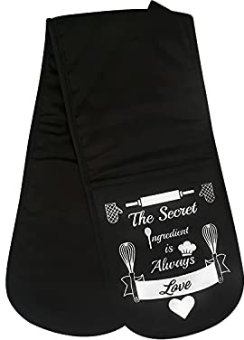 The Secret Ingredient Black Double Oven Glove - 100% Cotton with Thick Heat-Resistant Lining for Protection from Hot Pots, Pans and Dishes. Soft, Stylish & Durable
