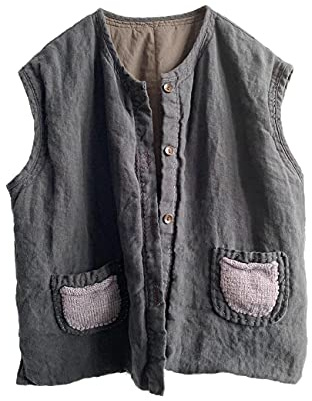 NFYM Damen Leinenweste Dünn Gesteppt Mittellange Button Down Ärmellose Jacke mit handgewebten Taschen, schwarz, Einheitsgröße