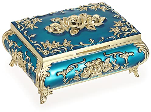 SUMNACON Vintage Metal Small Jewelry Box Trinket Box with Gold Flower Pattern, Retro Trinket Storage Organzier Jewelry Holder Box for Rings Earrings Necklace, Light Blue (Size M)