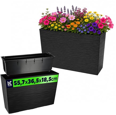 KADAX Blumenkasten aus Kunststoff, 18,5x55,7cm, 5 Farben, Blumentopf mit Bewässerungsbändern, Balkonkasten mit Einsatz, Pflanzkasten für Außen, Blumenkubel (Rechteckig, Ritzmuster, Schwarz)