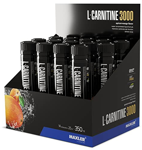 Maxler L-Carnitine 3000 - Albaricoque-Mango - 14x25ml - L Carnitina Líquida en dosis altas - Suplemento nutricional vegano - 3000 mg de ingredientes activos por porción - 14 porciones