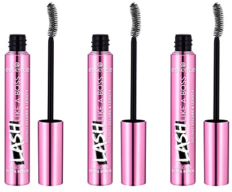 essence LASH LIKE A BOSS INSTANT VOLUME & LENGTH MASCARA ULTRA BLACK, Schwarz, volumengebend, schwunggebend, vegan, ohne Mikroplastikpartikel, Nanopartikel frei, ohne Parfüm, 3er Pack (3x9.5ml)