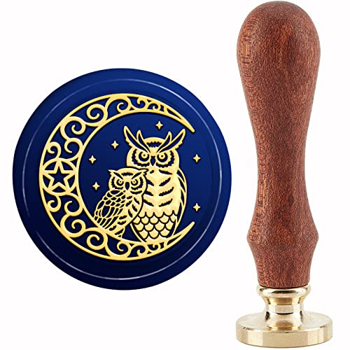craspire Eule Auf Dem Mond Wachssiegelstempel Stern Siegellackstempel 30 mm/1.18 Zoll Abnehmbarer Messingkopf Siegelstempel Mit Holzgriff Für Einladungen Karten Geschenkverpackung