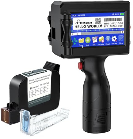 Phezer Impresora de Inyección de Tinta Portátil P15 para Superficies Planas. Imprime QR, Códigos de Barras, Fecha, Logotipo en Vidrio, Cartón, Madera, Plástico, Tela. Boquilla 0.5 (25 Idiomas)