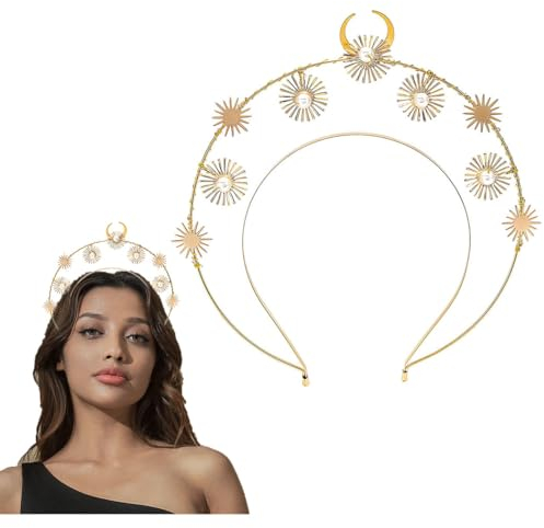 Flayem Cheveux soleil doré avec couronne de déesse cheveux avec couronne de lune pour femme et fille