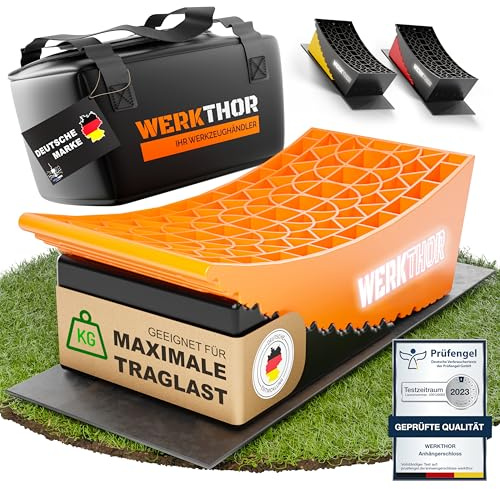 WERKTHOR Hjulbockar Husbil (Orange) - [Set om 2] Beprövade Hjulbockar för Husvagnar, Husbilar och Släpvagnar [<13.5t] - Stegfri Utjämning, Hjulbockar Husbil Inkl. Transportväska