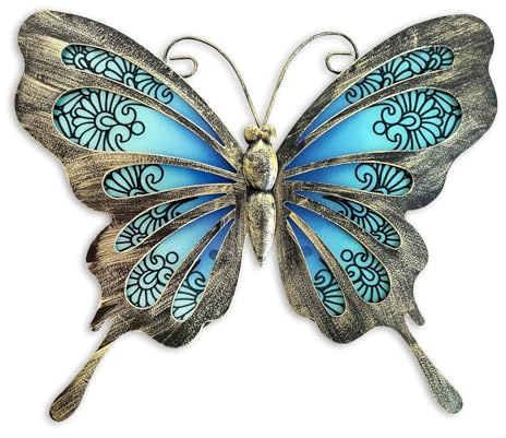 LIFFY Papillon en métal - Décoration extérieure - 30,5 cm - En verre à suspendre - Décoration murale de jardin - Décoration d'intérieur pour salon, chambre à coucher, terrasse, clôture