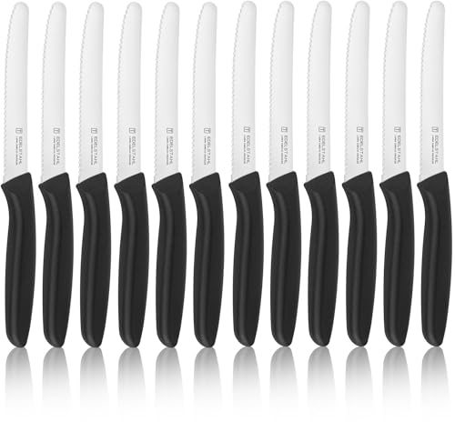 targzier Frühstücksmesser 12 Stück,Tafelmesser mit Wellenschliff,Messer set aus Edelstahl,Brötchenmesser für Haus und Restaurant,Schwarz Tomatenmesser,Buttermesser,Tafelmesser,Spülmaschinenfest