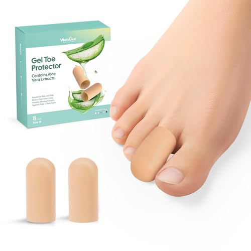 Welnove Gel Toe Cap and Protector - Infused Silicone Toe Covers - Toe Cushions for Pain Relief, Missing or Ingrown Toenails, Corns, Calluses, Blisters (8M, Beige)