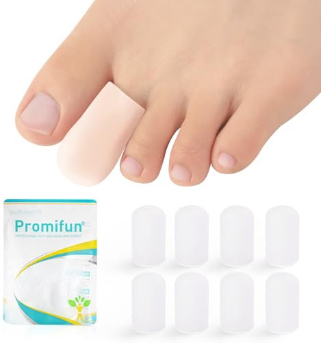 Promifun Silicone Toe Protectors - 4 Pairs Gel Toe Sleeves Toe Protectors - Toe Caps with Aloe Vera Essential Oils - Toe Cushions for Pain Relief, Toe Protection for Corns (Transparent Color+4M)