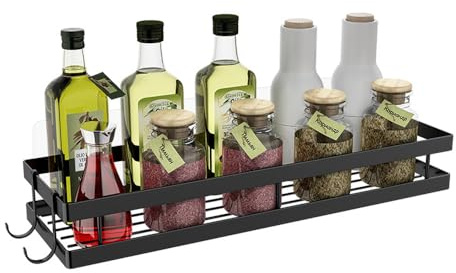 Bestdon Scaffale portaspezie da parete senza foratura, mensola da cucina in metallo nero con 2 ganci, portaspezie da appendere per cucina