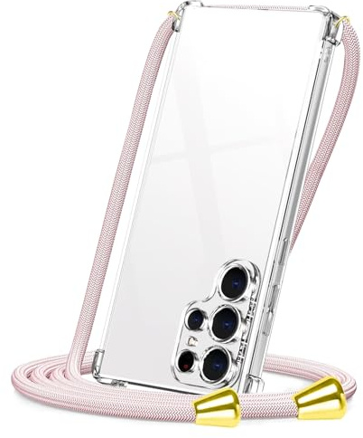 CAROKI Crossbody Case for Samsung S25 Ultra, Necklace Mobile Phone Cover with Cord Strap Clear Transparent TPU Soft Samsung S25 Ultra Cover Holder with Neck Cord Lanyard Strap-Rose Gold