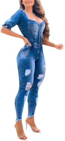 Border Damen-Overall mit Rüschen Puffärmeln, modisch, lässig, sexy, Denim-Spray, weiß, zerrissen Arbeitsoverall Rot Racing Girl Outfit
