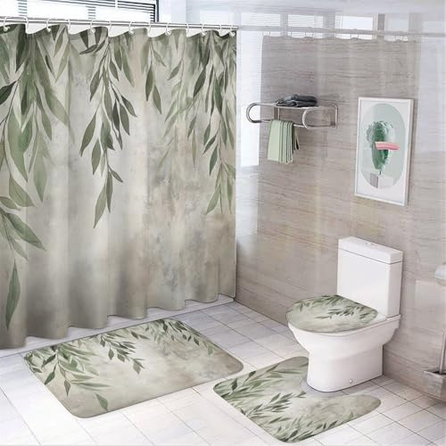 CAEITLRSO Foglie Di Salice Tenda da Doccia 4 Pezzi/Set Marrone Elegante Fondo Tenda da Bagno Tappetino da Bagno antiscivolo Tappeto Decorazioni per La Casa Regalo 180cm X 180cm