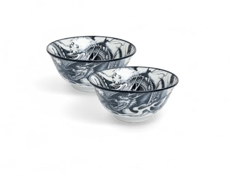 Japan-skålar ASIATICA | Ramen skål porslinskålar 15 cm | högkvalitativ asiatisk skål för ris, nudlar, tapas, Udon, müsli – soppskål med japansk design (set om 2 drakgud, grön)