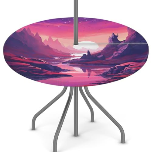 Woltant Nappe ronde avec trou de parasol et fermeture éclair facile à nettoyer avec bords élastiques - Protection de table d'extérieur pour jardin, terrasse, barbecue - Violet et rose