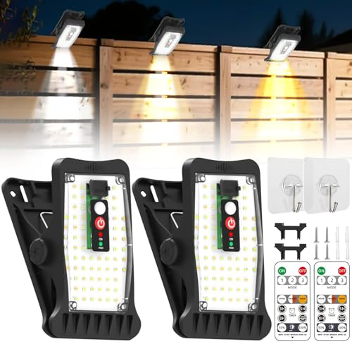 2 Stück Solarlampen für Außen, Clip-on Solarleuchten mit Bewegungsmelder, Wasserdichte Wandleuchte mit 70 LEDs und 3 Modi Farbtemperaturen, Solar Lampe mit Fernbedienung für Garten, Hof, Zaun