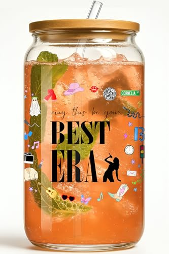 Taylor Best Era Glass Tumbler – 16oz Iced Coffee Mug Cup for Music Fans, Birthday Party Gifts for Girls Women, Christmas Stocking Stuffers Gift for Girls Boys, Taylor Gifts Merch