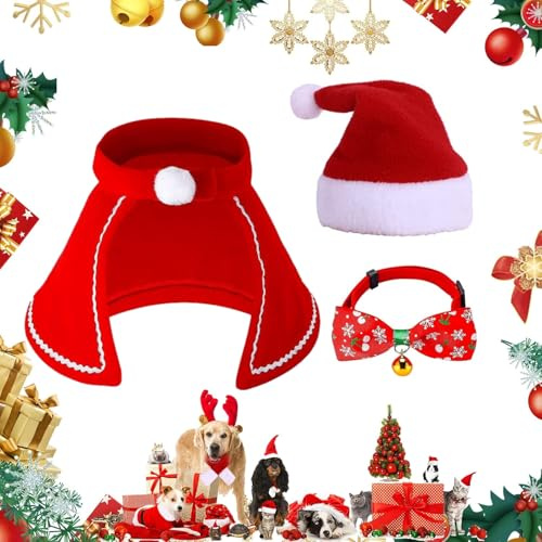 3 Stück Weihnachten Hundekostüm Katzenkostüm, Weihnachtskostüm Für Katzen Hunde, Haustier Kostüm Katze Weihnachten, Mit Weihnachtsmütze, Fliege Halsband, Roter Umhang, Outfit for Dogs Cats