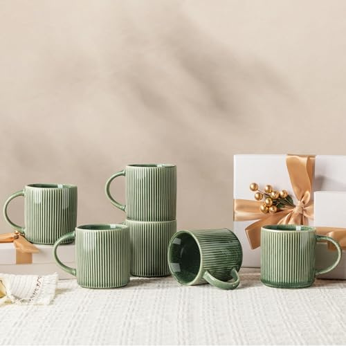 GBhome Steingut Kaffeetassen 6 Pers. 350 ml, Kaffeetassen mit großem Henkel für Latte, Cappuccino, Milch, Kakao, spülmaschinen- und mikrowellengeeignet, Immergrün