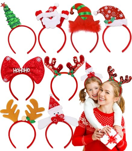 8 Stück Weihnachts Haarreif Weihnachten Haarreifen Weihnachtshaarreif | Weihnachts Kopfschmuck Weihnachten Accessoires Haarschmuck Erwachsene Kinder mit Rentier, Weihnachtsmütze für Weihnachtsfeier