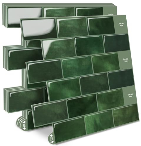 Thicker Self Adhesive Wall Tile 3D Peel and Stick Tiles Stick on Tiles Waterproof Tile Stickers Splash Back for Kitchen, Bathroom, Living Room, Sink, RV, 10-Sheets - Green 12 x 12 in