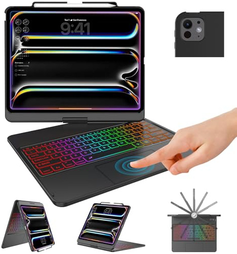TQQ Funda para iPad Pro de 13 pulgadas con teclado (M5 2025 / M4 2024), funda para teclado iPad Pro 13 con soporte para lápices, trackpad multitáctil, rotación de 360°, retroiluminación de 7 colores