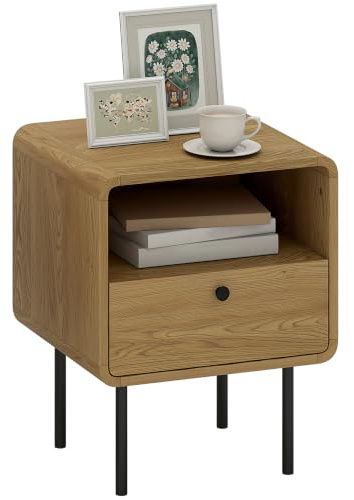HOMCOM Bedside Table Modern Nightstand with Storage Drawers Oak | Steel Legs for Bedroom, Side Table for Living Room