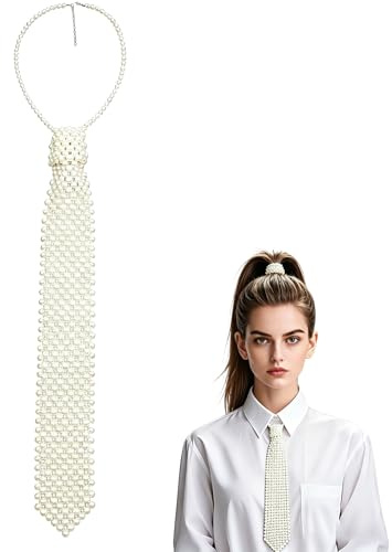 VASANA Cravatta bianca con perle artificiali fatte a mano camicie collana cravatta regolabile collana di perline accessori gioielli per donne camicia uniforme casual per feste