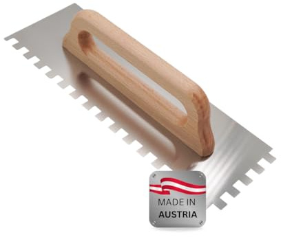 WERKFIT Kompakt Glättekelle 380 mm – Profi Zahnkelle aus rostfreiem Edelstahl mit Buchenholzgriff – Glatt & Zahnungen E3–E15 – Handliche 1- oder 2-Hand Kelle für Fliesenleger & Handwerker (E12)