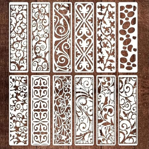 DOKRIN Drawing & Lettering Aids, stencil per pareti 12 modelli e motivi riutilizzabili per dipingere mobili, torte, pannelli in legno, lavori fai da te, tele, tessuti e decorazioni per la casa