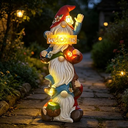 Statue de nain de jardin - Lampes solaires amusantes - Triple nains sans visage - Sculptures de printemps - Décoration de printemps - Pour extérieur, porche, terrasse, pelouse, cour, balcon