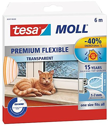 tesamoll® Silikondichtung Premium Flexible - schließt Fenster- und Türspalten, transparent, 6 m (3er Pack)