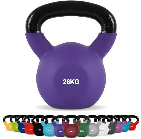 MSPORTS Kettlebell professionell neopren 2 – 30 kg inklusive plansch med kettlebell-övningar 26 kg – lila