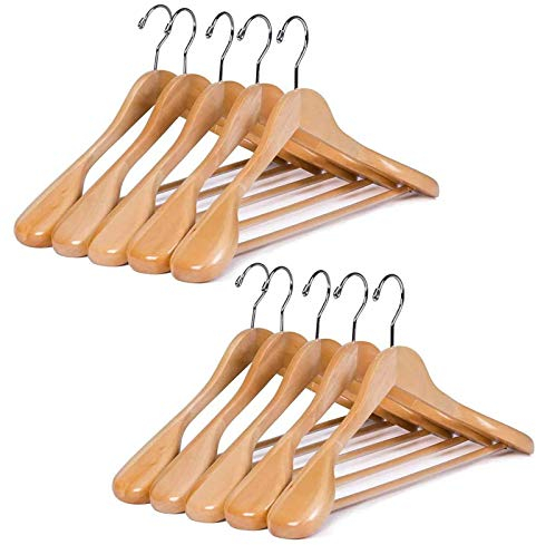 MECOREX Anzugbügel, 10er Set, Kleiderbügel aus Massivholz, mit extra Breiten Schultern, rutschfest, für Hemden, Mäntel, Jacken, Hosen, Anzüge, um 360° drehbarer Haken（Natur Holz Farbe）