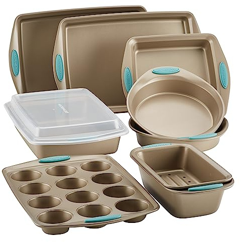 Rachael Ray 47578 Cucina Nonstick Bakeware Set with Grips Includes Nonstick Bread Pan, Baking Sheet, Cookie Sheet, Baking Pans, Cake Pan and Muffin Pan - 10 Piece, Latte Brown with Agave Blue Grips