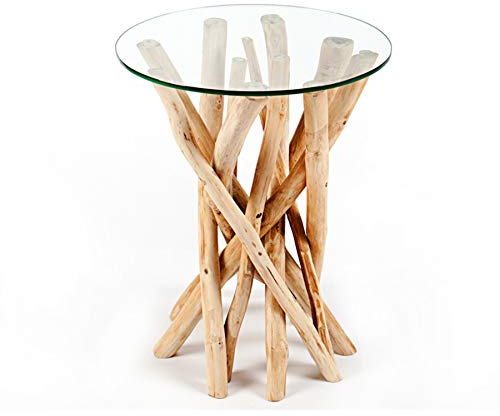 invicta INTERIOR Design Teakholz Couchtisch Beistelltisch Driftwood mit Glasplatte rund Glastisch Wohnzimmertisch
