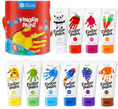 Jar Melo Washable Finger Paints for Toddlers, 10 Colors Large Capacity (2.1fl oz), Non Toxic Baby Paint for Hand and Feet, Safe Art Supplies, Preschool Learning Gifts for Kids Age 2+