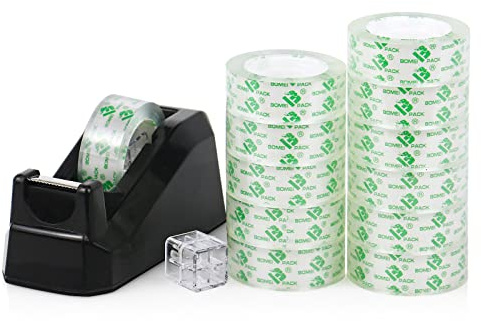 BOMEI PACK Tape Dispensers Desk, 1 Pack Black with 12Rolls Transparent Tape, 1 Inch Core, for Gift Wrapping, School, Office and Home