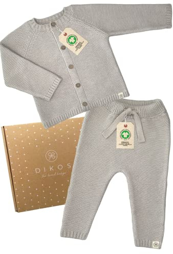 DIKOS® Baby stickset – varm grå | babykläder av 100 % ekologisk bomull | nyfödd outfit | stickad hudvänlig | kofta med byxor | baby första utrustning gåva till födseln, Varm grå, 68
