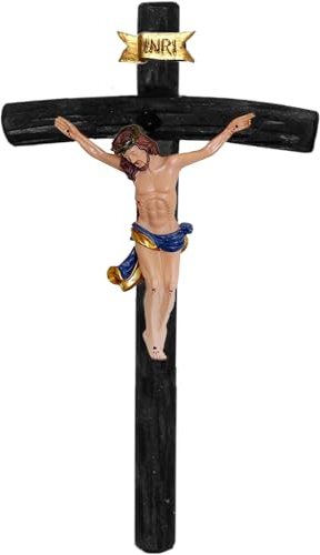 Kaltner Präsente Geschenkidee: 15 cm Wandkreuz Kruzifix aus Holz Fichte schwarz gebeizt - Handgemalte Jesus Christus Figur aus hochwertigen Kunstguss aus Resin – Dekoration