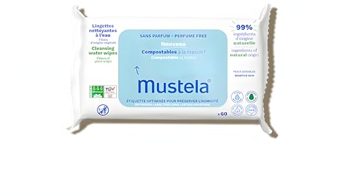 Mustela Toallitas para el Cambio de Pañal Compostables sin Perfume, 100% Fibras Lyocell de Origen Vegetal, Cuerpo y Maquillaje, Bebé y Toda la Familia - 99,7% Ingredientes de Origen Natural (60 uds.)