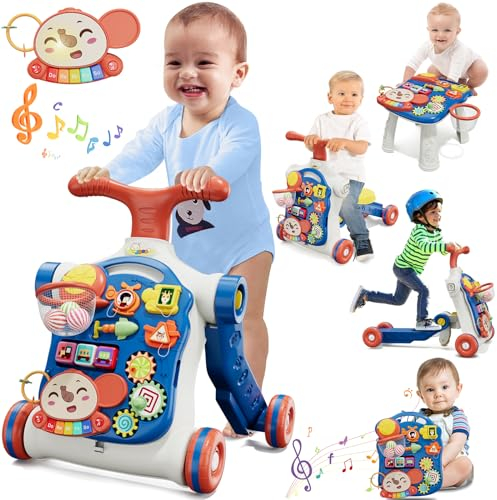 HYES 5 in 1 Lauflernwagen, Baby Spiel und Lauflernhilfe mit Musik und Abnehmbarem Spielboard, Laufwagen Baby Walker Spielzeug, Für Kinder von 3-30+ Monaten, Blau