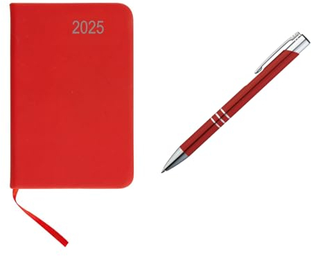 Taschenkalender 2025 / ca A7 / PU Einband / Farbe: rot + Metall Kugelschreiber