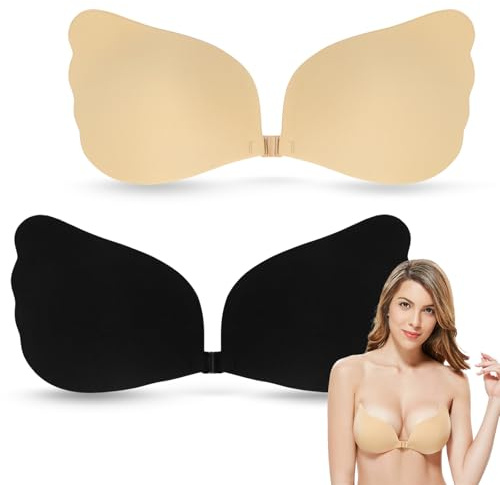 FSWWSF Sujetador Adhesivo 2 Piezas, Sin Espalda, Push Up, Invisible, Fundas Autoadhesivas para Vestido de Noche y Novia, Negro Nude, C