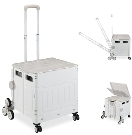 Relaxdays Hopfällbar trappklättringsvagn, rullvagn med lock, upp till 50 kg, grå/vit
