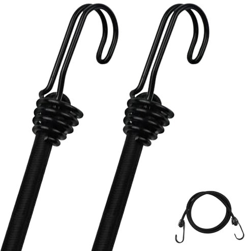 DRERIO 2 Pcs Bungee Cord with Hook 1m Heavy Duty Bungee Straps, Luggage Tie Downs Black Elastic Rope with Metal Hooks, Long Sizes Bundy Cord for Motorcycle Car Caravan Trunks Locking Load Securing